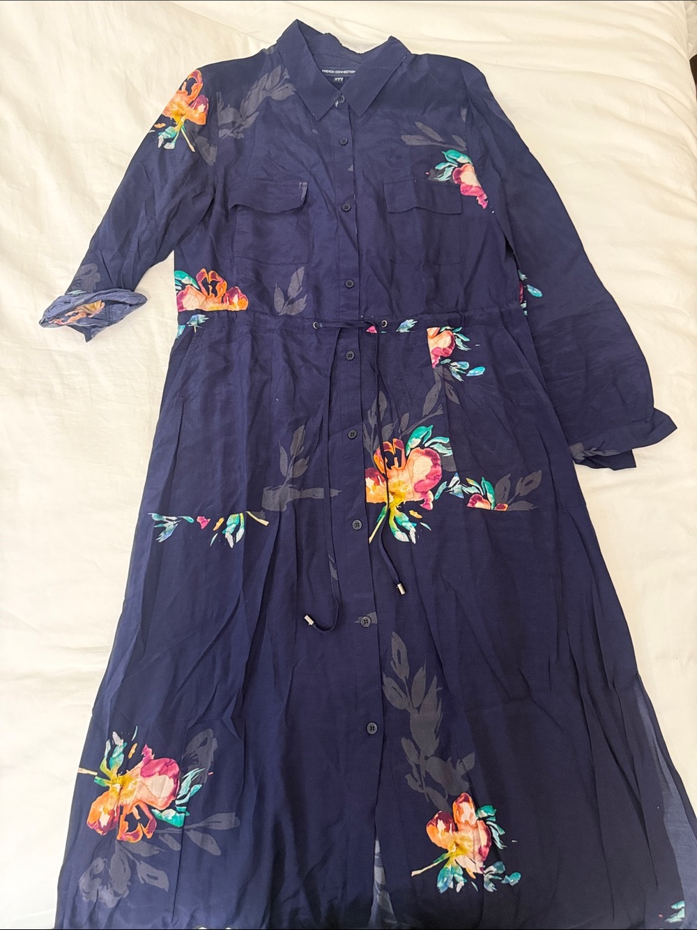 French Connection Navy Floral Button-Front Tie-Waist Midi Dress